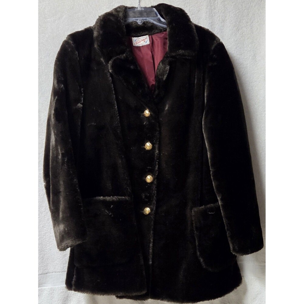 Vtg 60s 70s Faux Fur Coat Dark Brown Plush Jacket Gold Dome Buttons Handmade
